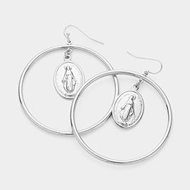 Saint Mary Oval Disc Metal Hoop Dangle Earrings