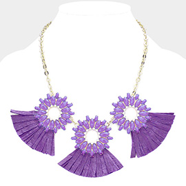 Oval Stone Cluster Hoop Raffia Fringe Statement Bib Necklace