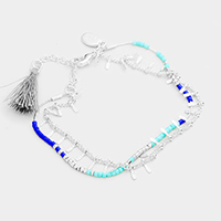 Double Strand Beaded Tiny Metal Bar Fringe Tassel Bracelet