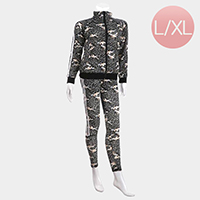 Bird Patterned Side Double Stripe Detail Track Jacket Pants Set