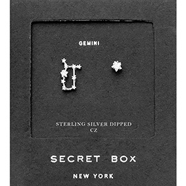 Secret Box_Sterling Silver Dipped CZ Stone Paved Gemini Zodiac Sign Stud Earrings