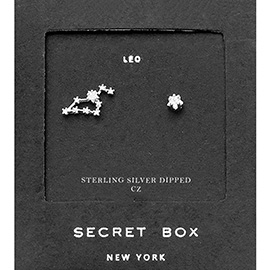 Secret Box_Sterling Silver Dipped CZ Stone Paved Leo Zodiac Sign Stud Earrings