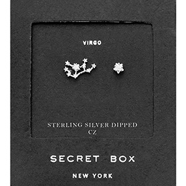 Secret Box_Sterling Silver Dipped CZ Stone Paved Virgo Zodiac Sign Stud Earrings