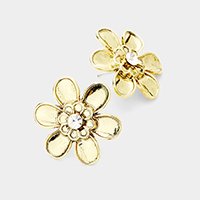 Crystal Centered Metal Flower Stud Earrings