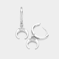 Brass CZ Double Horn Dangle Huggie Hoop Earrings