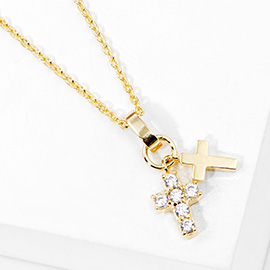 Gold Dipped CZ Stone Paved Double Cross Pendant Necklace