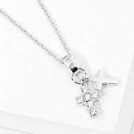 White Gold Dipped CZ Stone Paved Double Cross Pendant Necklace