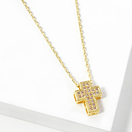 Gold Dipped CZ Paved Cross Pendant Necklace