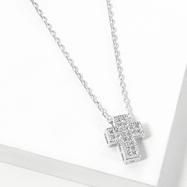 White Gold Dipped CZ Paved Cross Pendant Necklace