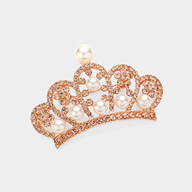 Pearl Pointed Stone Paved Crown Pin Brooch