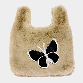 Fluffy Faux Fur Butterfly Slouchy Tote Bag