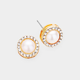 Pearl Centered Pave Trimmed Rhinestone Stud Earrings