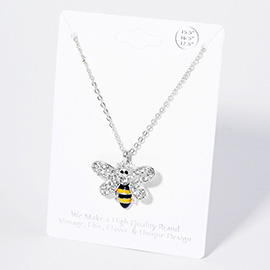 Crystal Rhinestone Paved Enamel Honey Bee Pendant Necklace