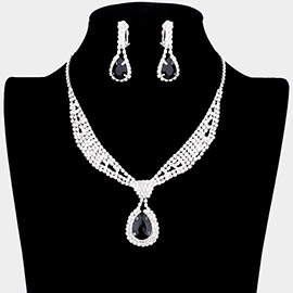 Rhinestone Pave Teardrop Collar Necklace & Clip Earring Set