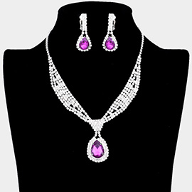 Rhinestone Pave Teardrop Collar Necklace & Clip Earring Set