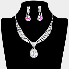 Rhinestone Pave Teardrop Collar Necklace & Clip Earring Set