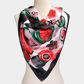 Silk Feel Striped Flower Garden Print Square Scarf