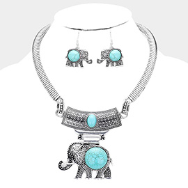 Natural Stone Embossed Metal Elephant Pendant Necklace