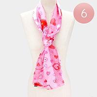 6PCS - Silk Feel Satin Striped Heart Pattern Print  Scarf