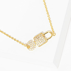 Gold Dipped CZ Stone Paved Key Lock Pendant Necklace