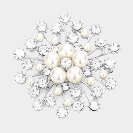 Floral Pearl Round Stone Pin Brooch