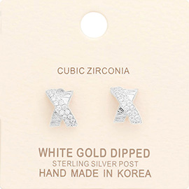 White Gold Dipped CZ Stone Paved Crisscross Stud Earrings