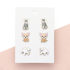 3Pairs - Enamel Dog Stud Earrings