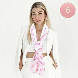 6PCS - Silk Feel Satin Striped Pink Ribbon Pattern Printed Scarves