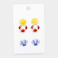 3Pairs - Enamel Sun /Crab /Shell Stud Earrings