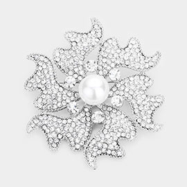 Pearl Rhinestone Embellished Flower Pin Brooch