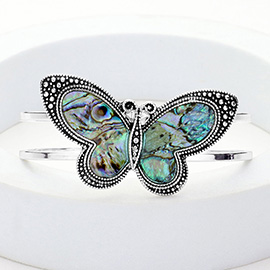 Abalone Butterfly Antique Metal Hinged Bracelet