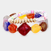 2PCS - Colorful Stone Disc Bead Metal Stretch Bracelets