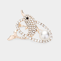 Rhinestone Pave Pearl Dolphin Pin Brooch