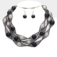 Triple Mesh Tube Pearl Collar Necklace