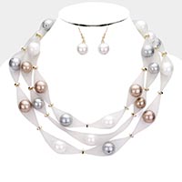 Triple Mesh Tube Pearl Collar Necklace