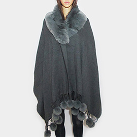 Faux Fur Collar and Pom Pom Dangle Poncho