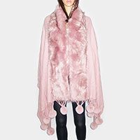 Faux Fur Trim Pom Pom Dangle Poncho