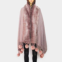 Faux Fur Trim Pom Pom Dangle Poncho