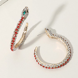 Crystal Rhinestone Pave Textured Metal Snake Hoop Earrings