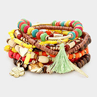 10PCS - Wood Multi Bead Tassel Layered Stretch Bracelets