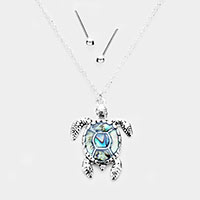 Abalone Stone Turtle Pendant Antique Silver Necklace