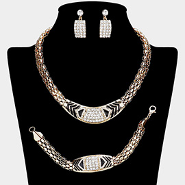 Rhinestone Pave Patterned Textured Metal Necklace Jewelry Set