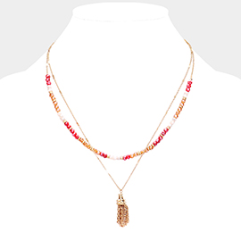 
Colorful Faceted Bead Layered Chain Tassel Necklace 
