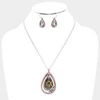 Snake Skin Print Centered Teardrop Metal Pendant Necklace 