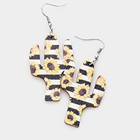 Stripe Sunflower Print Wood Cactus Earrings