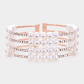 Pearl Crystal Rhinestone Statement Cuff Evening Bracelet