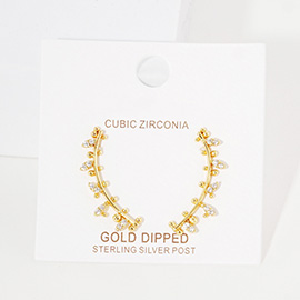 Gold Dipped Cubic Zirconia Floral Sprout Drop Earrings