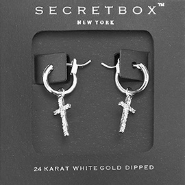 Secret_Box - 24K White Gold Dipped CZ Cross Drop Pin Catch Earrings