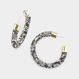 Clear Stone Detail Rhinestone Pave Half Hoop Earrings