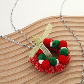 Bow Pom Pom Wreath Long Pendant Necklace